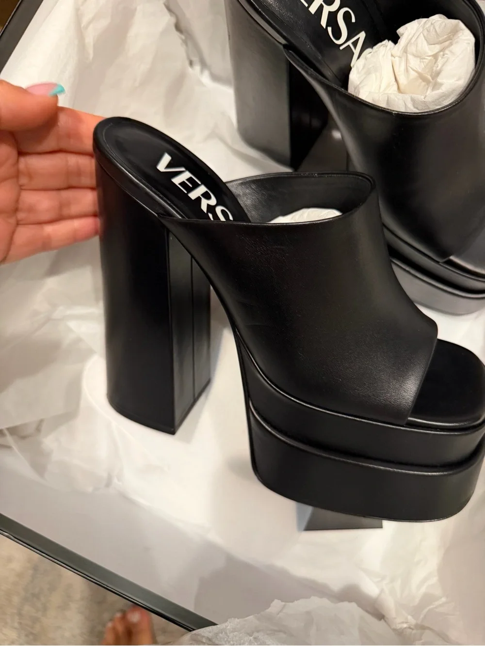 Versace Black Leather Platform Slide Heels